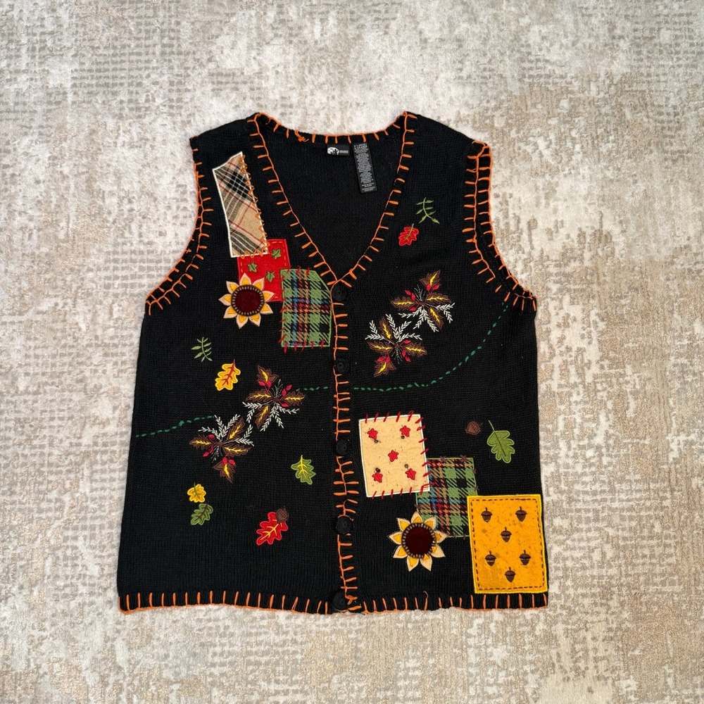 Vintage 90s Holiday Editions Autumn Fall Harvest Knit Patchwork Sweater Vest